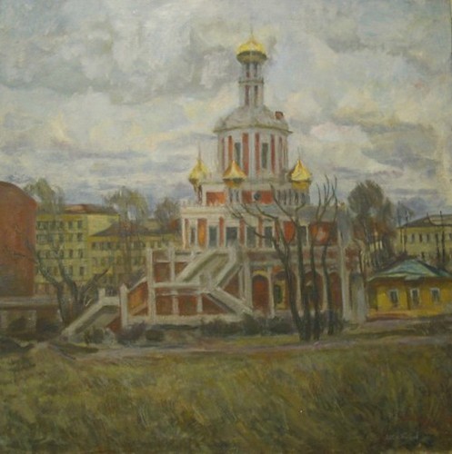 Cerkov Pokrova v Filyax; canvas, oil, 60x60 sm, 1990 year, collection