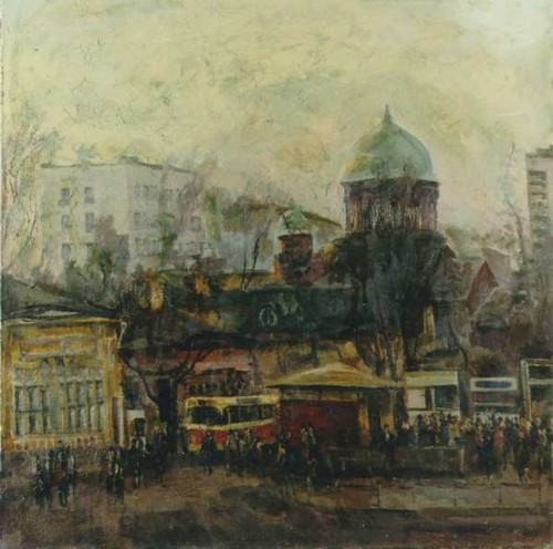 At the Paveletskaya Metro station; canvas, oil, 60x60 sm, 1988 year, collection