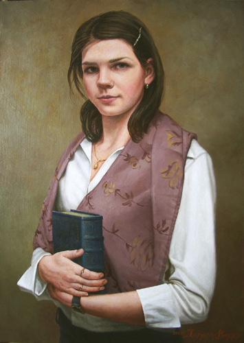 Jyla with the book; canvas, oil. 50x70 sm; 2005 year