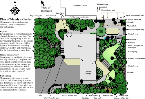 Corel Xara: Overlaid plans of a garden in Cornwall