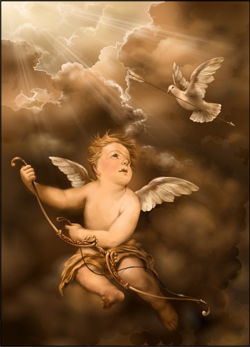 Amur, expecting an arrow; Angel, an arrow, the pigeon, light, beams, religion, mythology