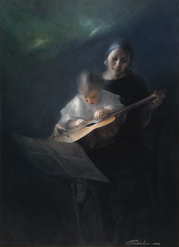 First music lesson; Oil on canvas, 100x150 cm