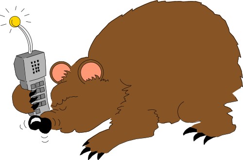 Bear holding portable phone; Cartoons