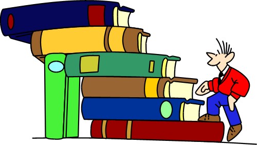 Boy climbing up stack of books; Cartoons