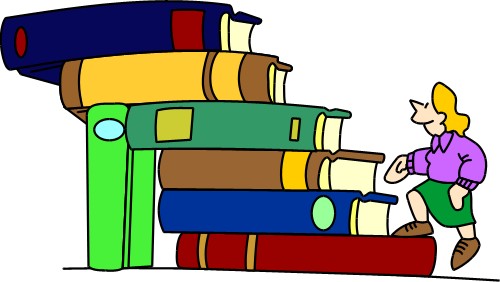 Girl climbing up stack of books; Cartoons