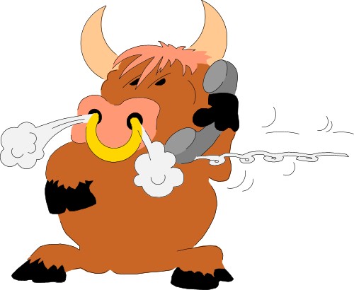 Raging bull holding a telephone; Bull, Animal, Comms, Telephone