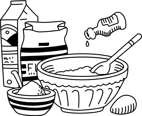 Ingredients and utensils for making a cake; Cake mix, Cake, Outline, Grey
