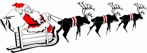Santa and sleigh; Reindeer, Sleigh, Santa, Christmas, Xmas, Red, Beard, St Nicolas