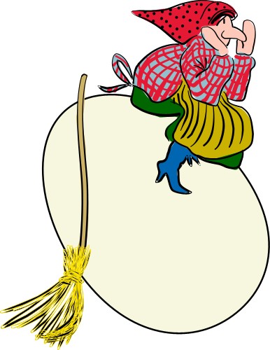 Witch on egg; Egg, Broom, Apron, Woman, Scarf