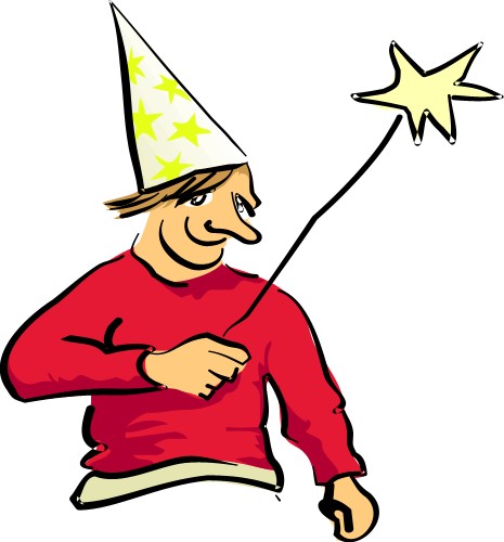 Wizard; Pointed hat, Red, Yellow, Stars, Wand, Magic
