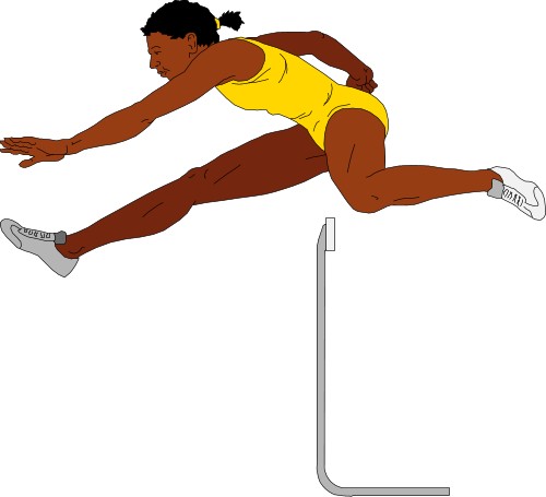 Woman jumping over a hurdle; Hurdle