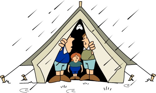 People sheltering from the rain in a tent; Sport