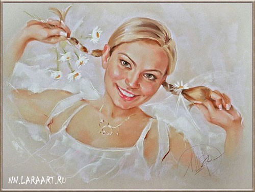 Girl with daisies; Portraits in the technique of Pastel