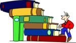 Boy climbing up stack of books, Cartoons