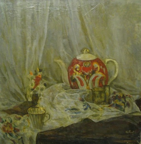 Still-life with a red teapot; canvas, oil, 65x65 sm, 1984 year, collection