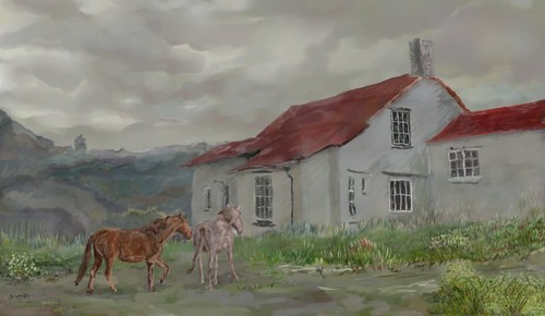 A cabin in the mountains. Two horses; Open Canvas, collection