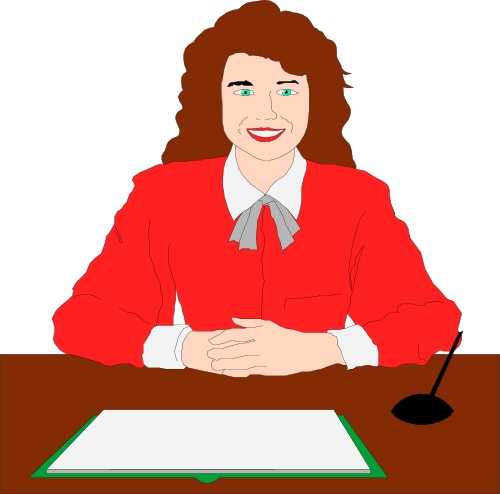 Woman sitting at a desk; Listen, Desk, People, Woman