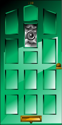 Buildings: Green paneled font door with single pane