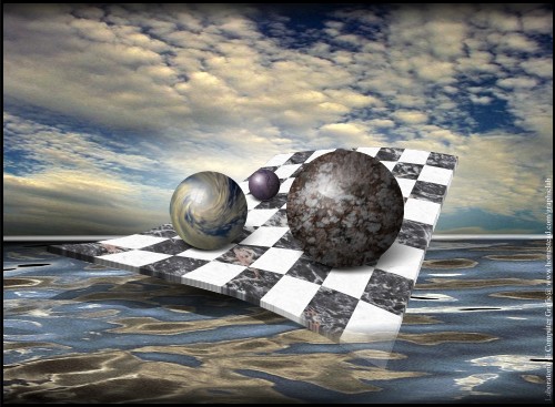 Spheres in the changed space; Spheres, a marble, a chess, the sky, the sea, distortion