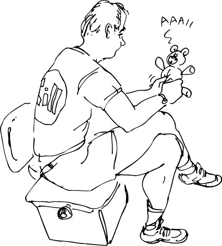 Bully; Man, Torture, Toy, Fluffy, Bear, Seated, Seat, Shorts