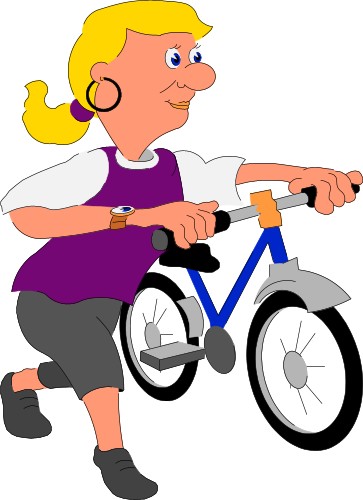 Woman pushing a bicycle; Cartoons