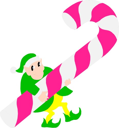 Elf carrying large stick of candy; Candy, Sweet