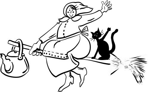 Witch on broomstick; Broomstick, Cat, Witch, Woman, Kettle, Apron, Scarf