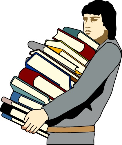 Student carrying lots of books; People