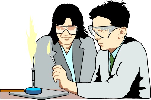 Students performing an experiment; Student, Bunsen, Experiment