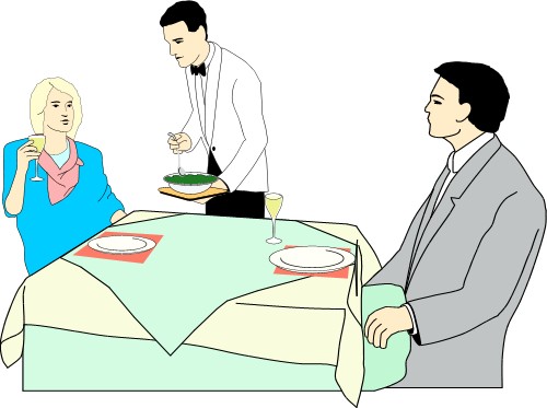 Couple being served in a restaurant; People
