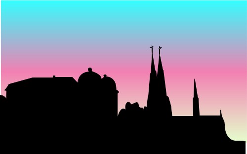 Skyline; Cathedral, Sunset, Building, Silhouette, Scene