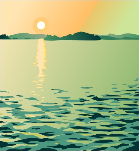 Sunset; Water, Lake, Ripple, Hills, Scene