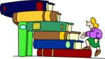 Girl climbing up stack of books, Cartoons